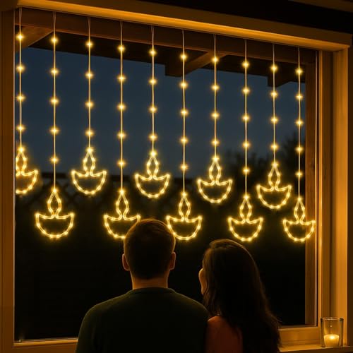 10 Diya Curtain Fairy Lights – 120 LED String, 8 Modes, Multi-Col...