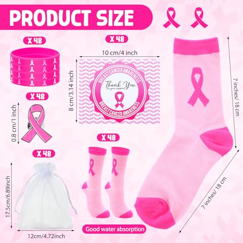 Breast Cancer Awareness Sock Gifts Include Pink Ribbon Socks Silicone Bracelets Pink Lapel Pins Thank You Card Organza Bags for Breast Cancer Charity Event Survivor Campaign Supplies2
