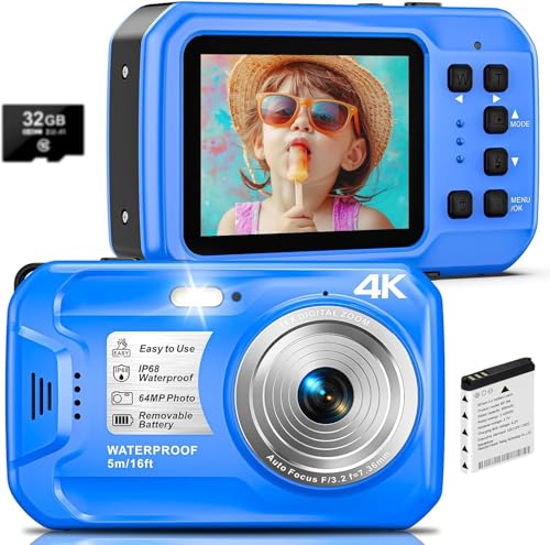 4K Underwater Camera, 64MP 16FT Waterproof Digital Camera with 32GB Card, Autofocus Floatable Waterproof Camera with IPS HD Screen, 16X Digital Zoom, Fill Light, for Snorkeling, Surfing, Swimming