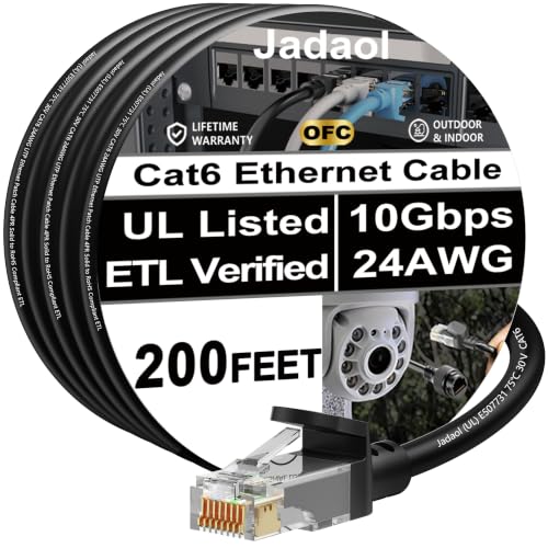 Jadaol [UL Listed] Snagless Cat6 Ethernet Cable 200 ft 10Gbps, PoE++, Black
