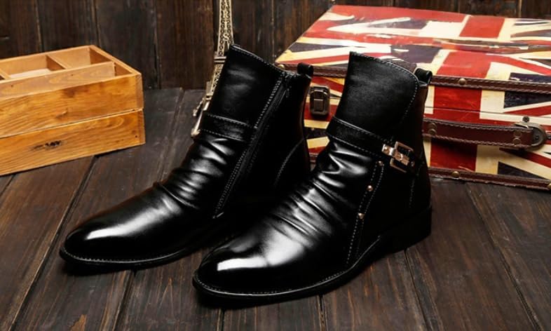 Moto Boots for Men Fashion Zipper-up Leather Chukka Boots Casual Shoes Retro Style Casual Dress Boot for Men