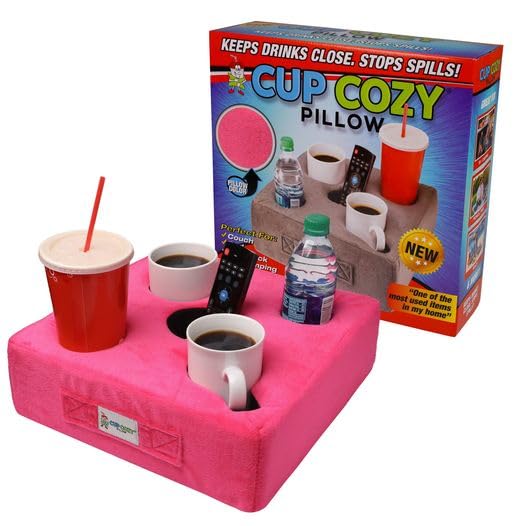 Cup Cozy Pillow 5 Hole Pink *As Seen on TV* -The World's Best Cup Holder! Keep Your Drinks Close and Prevent Spills. Use it Anywhere-Couch, Floor, Bed, Man cave, car, RV, Park, Beach and More!
