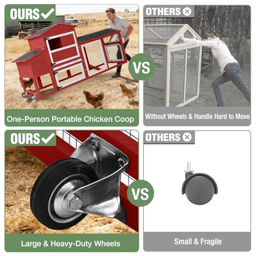 Image of Mobile Chicken Coop with Wheels for 4-6 Chickens, Large Outdoor Hen House with Run, Weatherproof Roof, Sectionable Nesting Box, Pull-Out Tray, 83.3 inch L x 26 inch W x 42 inch H - Red