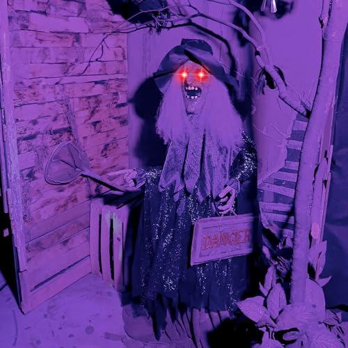 Haunted Hill Farm Animatronic Scary Talking Witch Groundbreaker with Touch Activated Lights and Sound, Battery-Operated Indoor or Covered Outdoor Halloween Decoration