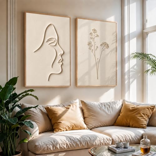 Image of NoWorries Minimal Line Art Wall Painting Set of 2 with Frame | Abstract Woman Face & Botanical Flower Beige Artwork, Modern Neutral Wall Decor for Living Room, Bedroom, Office and Home Decoration (Art-8, 10x13inch)