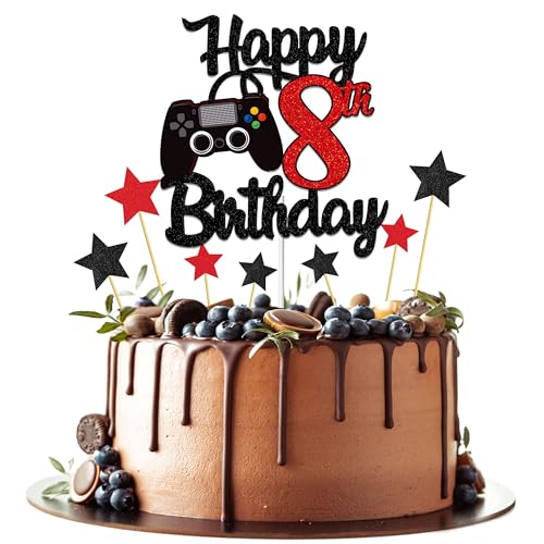 Joyeah Happy 8th Birthday Cake Topper Glitter Videogioco Cake Pick Game On Cheers to 8 Years Cake Decoration for Game Theme Happy 8th Birthday Party Supplies Red