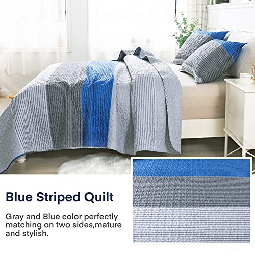 Image of Andency Stripe Quilt Set Queen(96x90Inch), 3 Pieces (1 Striped Quilt and 2 Pillowcases) Blue and Grey Patchwork Bedspread Coverlet Set, Soft Quilted Bedding Set
