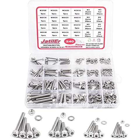 JatilEr 240pcs M3 M4 M5 M6 Zylinderschrauben mit Innensechskant Schrauben Set, A2-70 Sechskantschrauben 304 Edelstahl Sechskopf Fahrrad Schrauben Muttern und Unterlegscheiben Metrisch Gewindeschrauben Cover