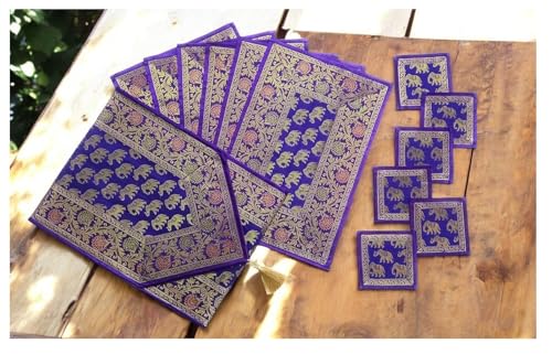 Image of Diwali Room Decor Silk Table Runner Placemats Tea Coaster Set for Living Room 4 to 6 Seater Dinning Table Table Mat Set Centre Table Top Decor Pack of 13 Pcs (Purple)