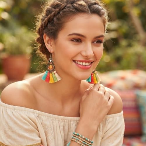 Image of Young & Forever Gift Boho Carnival Sea Island Long Tassel Earrings Handmade Beaded Bohemian Women Statement Beads Dangle Earrings Ethnic Jewelry Fringe Earrings