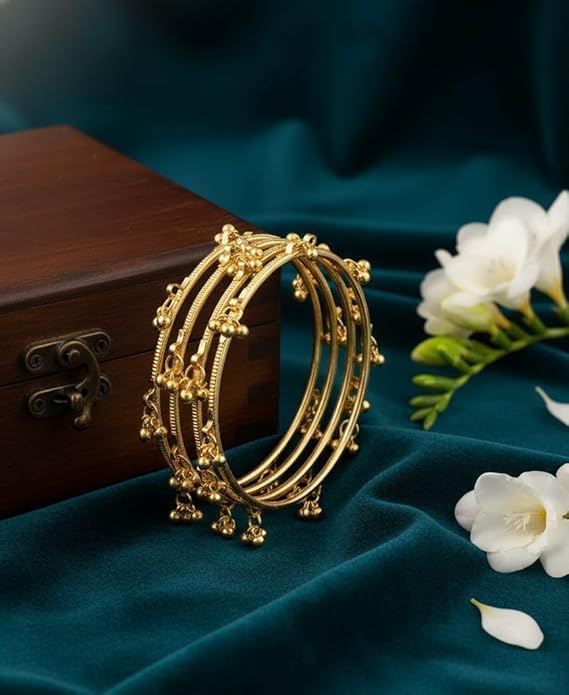 Image of Kashmiri Traditional Bangles Set for Women | Gold Plated Handcrafted Ghungroo Bangles | Ethnic Bridal Festive Jewellery | Set Of 4 Bangles