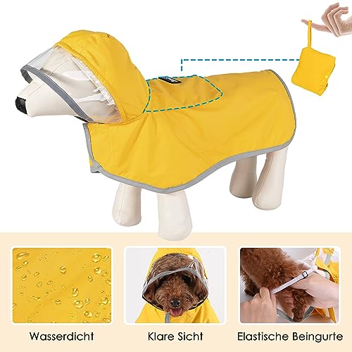 Eyein Wasserdichter Hunderegenmantel, Regenmantel für Große Hunde mit Kapuze und weichem Futter, Verstellbare Hunderegenjacke mit reflektierenden Streifen, Winddicht und leicht, Gelb, XXL