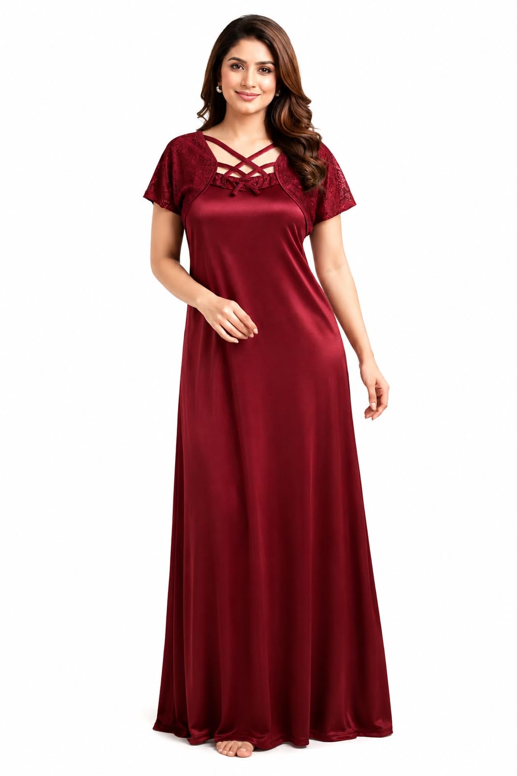 Women's Satin Maxi Nighty, Maroon, Lace Detail, Cross-Strap Neckline, Short Sleeves, Full-Length Night Dress-picture-10