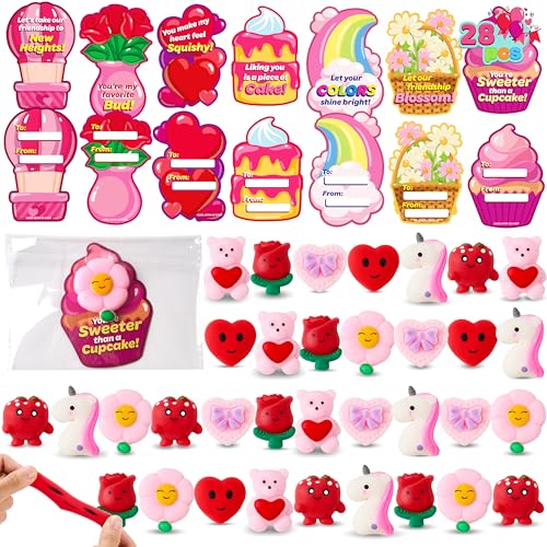 JOYIN 28 Packs Gift Cards with Mochi Toys, Stress Relief Fidget, Cute Miniature Novelty Squeeze Toys for Kids Party Favors, School Exchange and Goody Bag Fillers