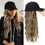 Yunkang Baseball Cap Wig Long Natural Wavy Hair Extensions With Hat Heat Resistant Synthetic Mix Brown blonde Fiber Extensions Adjustable Hat Wig for Women Girls