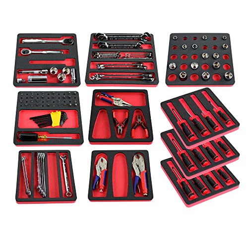 Polar Whale Tool Drawer Organizer 10-Piece Insert Set Red and Black Durable Foam Holds Many Tools and Accessories 10 x 11 Inch Trays Fits Craftsman Husky Kobalt Milwaukee Many Others