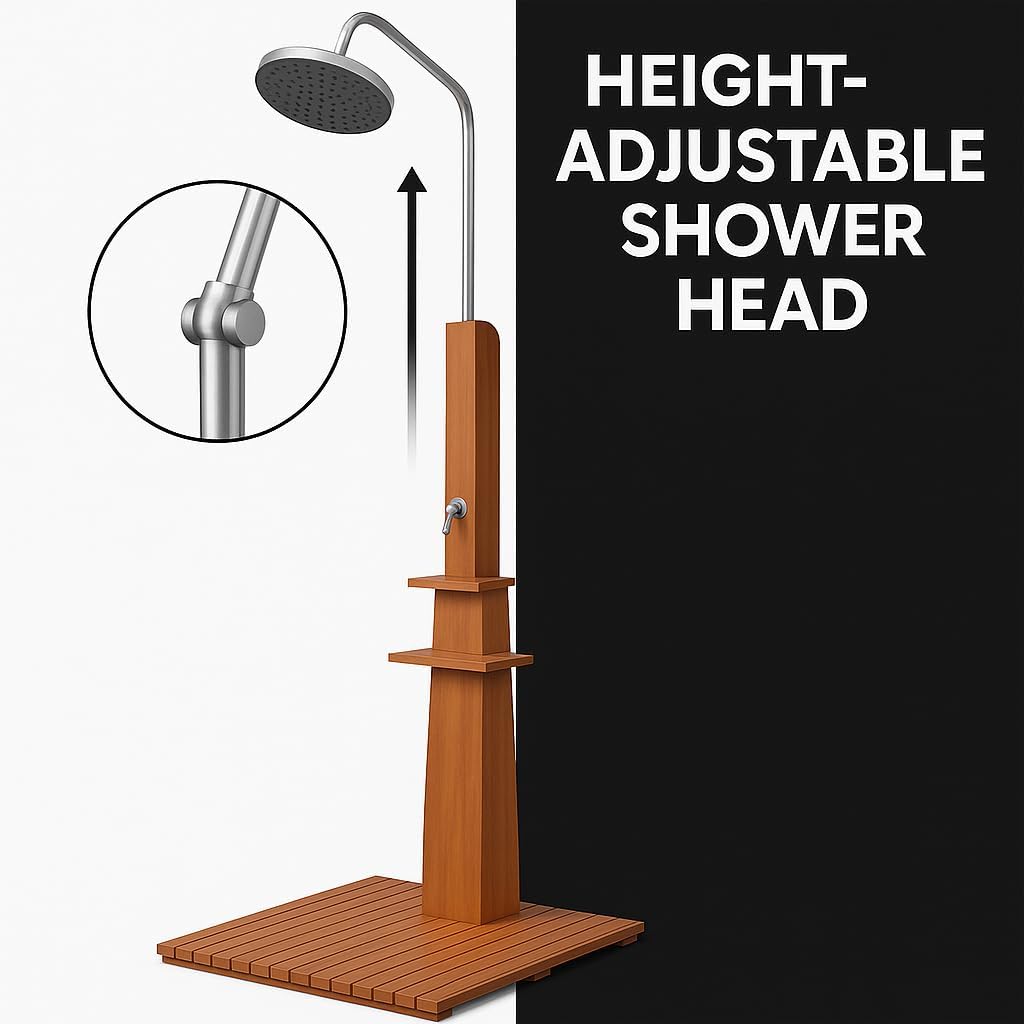 Casafoyer Outdoor Shower Eucalyptus Wood and Steel-Durable, Height-Adjustable, Free-Standing Garden and Pool Shower
