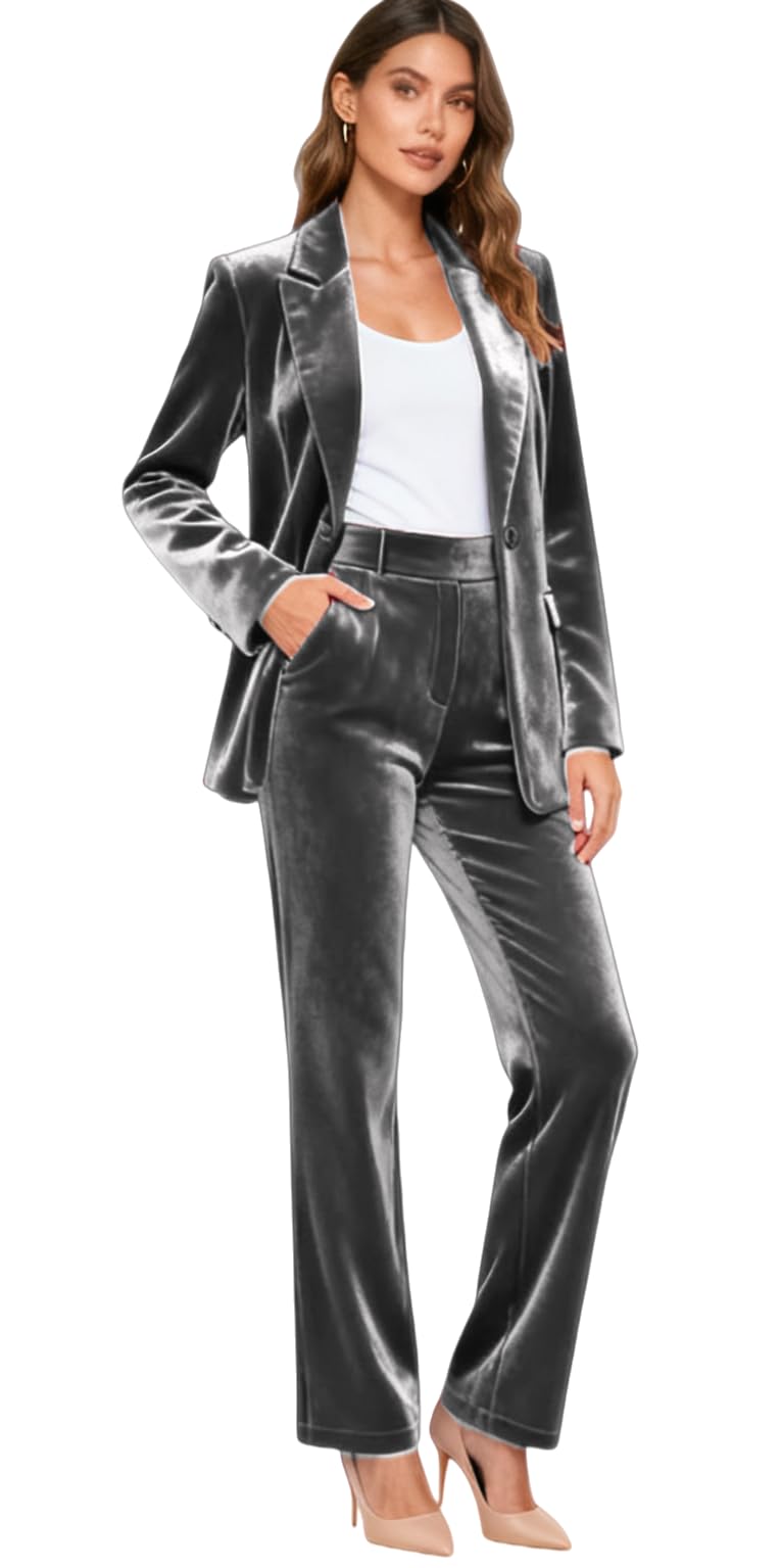 Womens Velvet Pant Suits 2 Piece Set Fashion Business Casual Office Wedding Blazer Suit