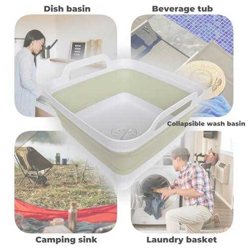 Image of GIMWA Collapsible Wash Basin for Baby Bottles - 2.4 Gallons Portable Wash Bin for RV Camping Sink, Space-Saving Dish Tub (Green)