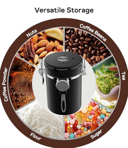 Image of Coffee Gator Coffee Canister, Airtight Stainless Steel Kitchen Food Storage Container with Date Tracker, Scoop for Sugar, Grounds Coffee, Beans,Tea, Sugar, Cereal, Flour, Cookies Jars (Black, 16oz)