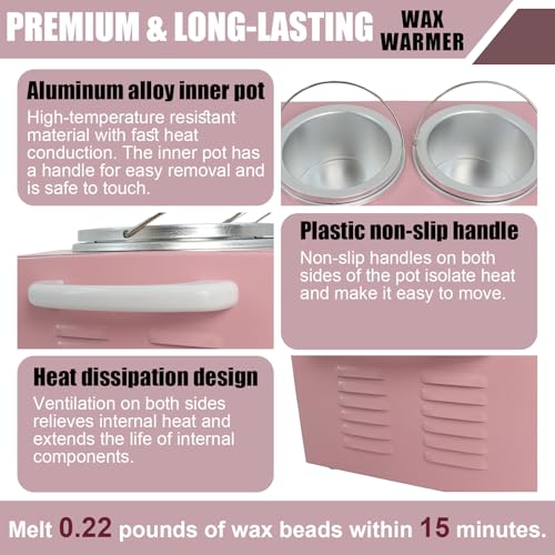 Image of Wax Warmer Double Pot, Professional Electric Heater for Facial, Body, Spa, and Salon, 1.2L Dual Adjustable Temperature with 100 Wooden Craft Sticks, Hair Removal (Pink)