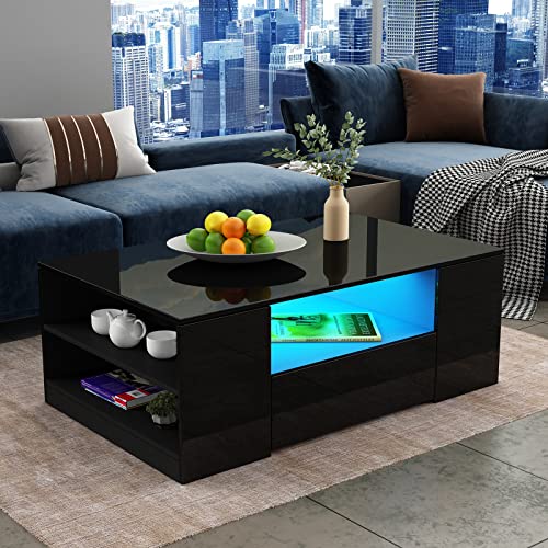 LED Couchtisch Wohnzimmertisch mit Regal Hochglanz Modern Beistelltisch Kaffeetisch mit 2 Schubladen 95 x 55 x 37cm (Schwarz) Cover