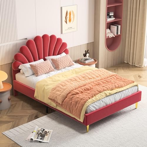 ZukunForm Cama acolchada para niños de 140 x 200 cm, cama doble, cama de invitados, de tela de terciopelo, estructura de cama con cabecero en forma de flor y somier, sin colchón, color burdeos
