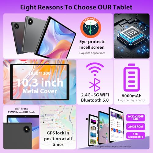 Image of 2026 Tablet with Keyboard,Stylus & Mouse, 10.3 Inch Android 13 Tablets, 2K IPS Screen, 19GB RAM 256GB (1TB TF), 8000mAh, 8-Core,8+13MP, 5G /2.4G WiFi,Tablets for Students, Adults, Play- Black