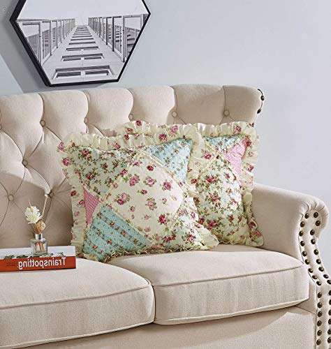Brilliant Sunshine 026 Pink And Green Rose Patchwork Ruffle Pillowshams, Quilted Decorative Pillow Covers Set, Square Throw Cushion Cases thumb #3