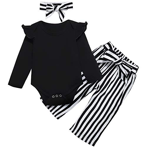 Toddler Baby Girl Clothes Ruffle Long Sleeve top Striped Long Pants Headband 3Pcs Baby Winter Clothes Set Black