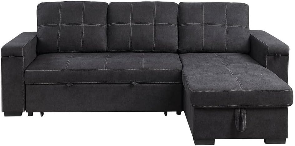 ERYE Modern Reversible Tufted Sleeper Sectional Sofa W/Pull Out Couch Bed and Storage Chaise, L-Shaped Woven Linen Fabric Upholstered Sofa&Couch Convertible Sofabed with Hidden Cupholders & USB Ports