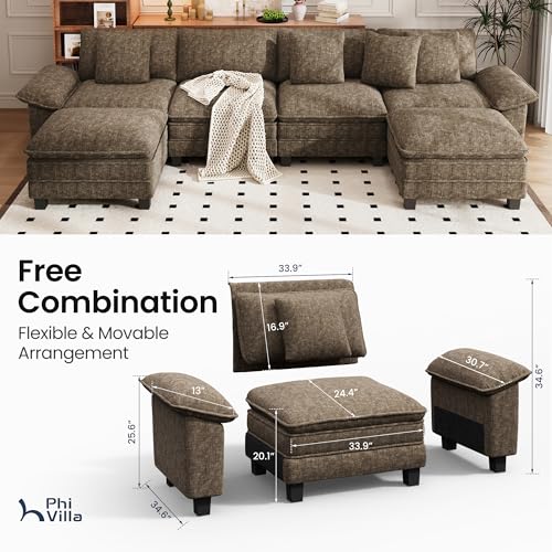Image of PHI VILLA Cloud Modular Couch Sets, 157.5 inch Oversized Sectional Sofa with U-Shaped Chaise, 6-Seater Couches with Movable Ottomans for Living Room, Chenille Grayish Brown
