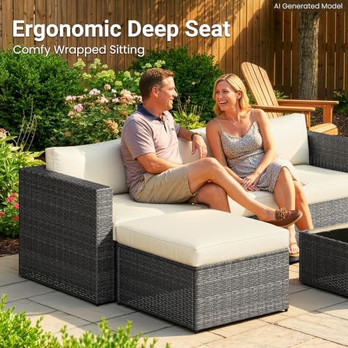 Image of Wisteria Lane 5 Piece Outdoor Patio Furniture Set, All Weather Wicker Rattan Sectional Sofa Conversation Set with Cushions & Glass Coffee Table, Ideal for Porch Garden Balcony Backyard, Beige