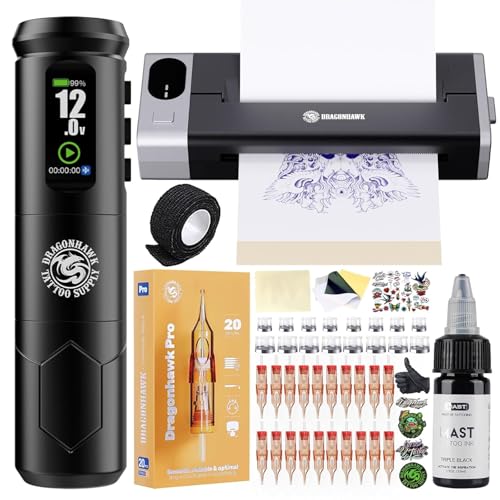 Dragonhawk A1 Pro Tattoo Machine Kit Wireless Rotary Tattoo Gun 4.0mm Stroke Length Stencil Printer 20 Needles for Beginners