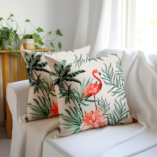 Image of Encasa XO Polyester Spring Printed Cushion Covers, No Inserts, Pack of 2 | Flamingo, 20 inchx20 inch | 300 TC Twill Fabric | Digital Botanical Print | Double Sided Pattern | Concealed Zipper