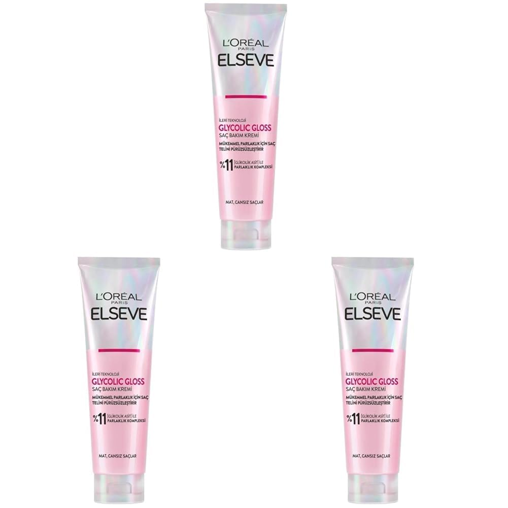 L’Oréal Paris Elseve Glycolic Gloss Mükemmel Parlaklık için Pürüzsüzleştirici Saç Kremi 150 ml 3lü paket