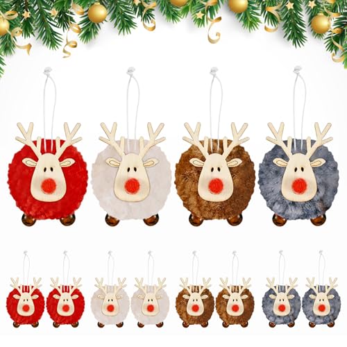12 Pezzi Ornamenti Natalizi in Peluche a di Renna, Pendenti Legno Natalizi Addobbi Albero,Decorazioni Pendenti Albero di Natale Vacanze, Decorazioni Per Feste