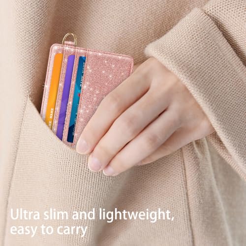 Image of Slim Minimalist Pocket Credit Card Holder Wallet Women | RFID Blocking Lightweight Thin Small Cute Card Cases, Glitter Rose Gold
