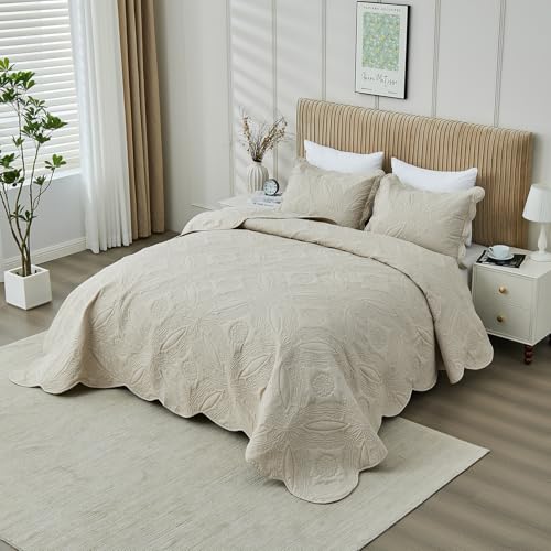 Image of Kingnex Oversized King Bedspreads 128x120 for Extra Wide Tall King or Cal King Bed Ultrasonic Quilted Coverlet Set 3 Piece Include 1 Quilt 2 Pillowcases Beige