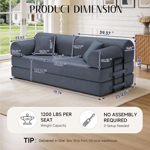 Image of 79'' Convertible Sofa Bed, 6 in 1 Folding Floor Futon Couch Sleeper with Fixed Frame, Corduroy Modular Sofa Bed with Removable Armrests & Pillows, No Assembly for Living Room Bedroom (Dark Gray)
