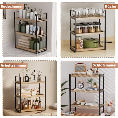 ohbien 3 Etagen Standregal Badezimmer Organizer, Badezimmer Regal Holz mit Metallgestell, Küchen Gewürzregal Standregale, Schreibtisch Organizer für Küche Schminktisch Kommode