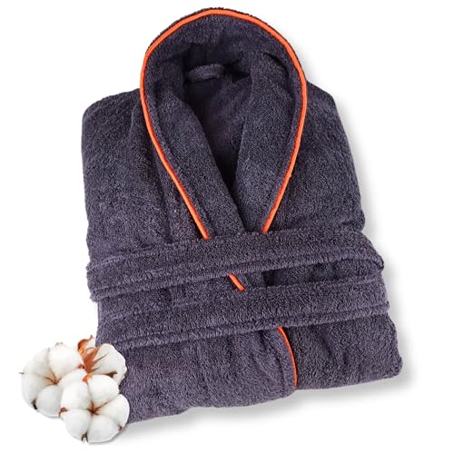 ELEVAVIDA Albornoz de Baño para hombre de Algodón 430 gsm, Gris-Naranja L, Alta Absorción Certificado OEKO TEX