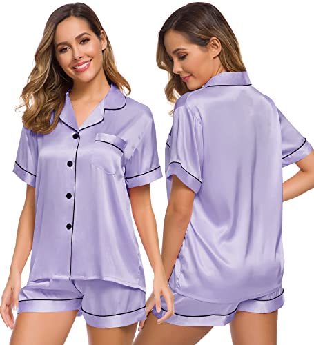 Image of SWOMOG Womens Silk Satin Pajamas Set Short Sleeve Sleepwear Button Down Top and Shorts Loungewear 2 Piece Pjs Set XS-3XL