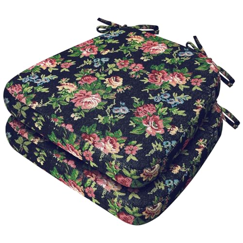 Image of AAAAAcessories D-Shaped Chair Cushions, 2 inch Thick Dining Chair Pads with Ties and Removable, Machine-Washable Cover, 17 inch x 16 inch, Set of 2, Night-Blooming Blossoms