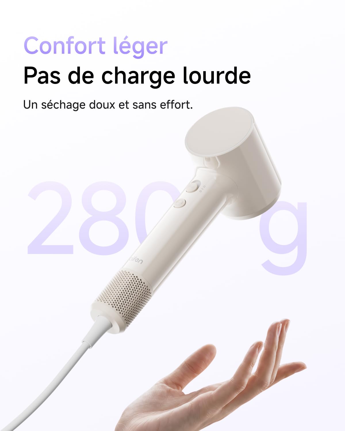 Laifen Air Sèche-Cheveux Ultra-Léger 280 g, 200 Millions d'Ions Négatifs, Séchage Rapide en 3 Min, Silencieux 60 dB avec Mode Enfant & Embout Lissant, Idéal pour le Voyage (Beige Thé au Lait)