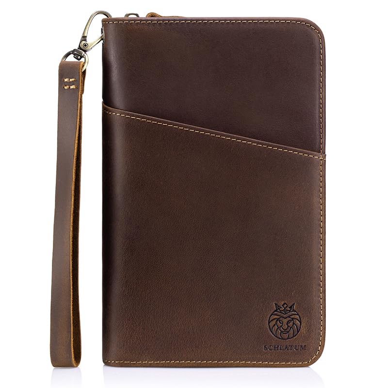 SCHLATUM Passport Holder for Travel Family with Strap Genuine Leather RFID Blocking Family Passport Holder for 6 Brown