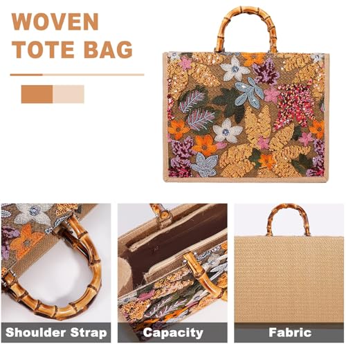 Bolso Tote para Mujer con Asa de Bambú y Bordado de Lentejuelas miniatura 5