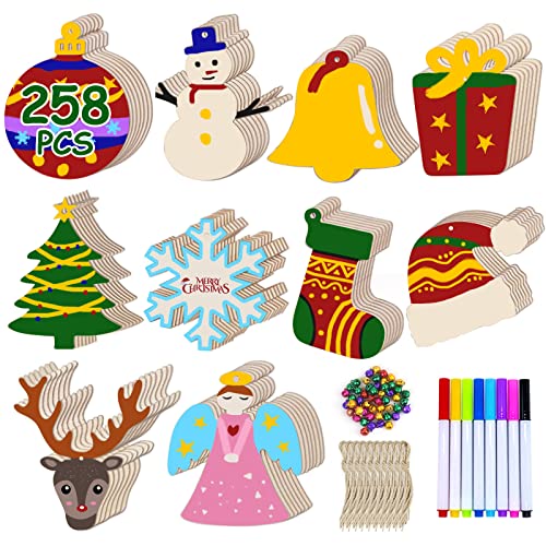 Lot de 158 décorations de Noël en bois brut avec 50 cloches et 8 moules pour décorations de Noël Cover