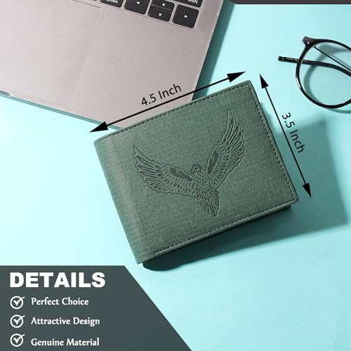 Image of VEMILIO Vegan Leather Wallet for Men | Eagle Print Embossed Premium Bifold Wallet | 3 Card Slots | 2 Cash Compartments | 1 Coin Pocket & 2 Secret Slots | Stylish, Durable & Gift for Men (Eagle, Green)