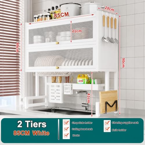 Image of YAGVIZ Sink Dish Drying Rack with Flip Cover Door, Kitchen Double Layer Multifunctional Countertop Organizer, Dustproof Space-Saving Drain Shelf with Dishwasher /Tableware Storage